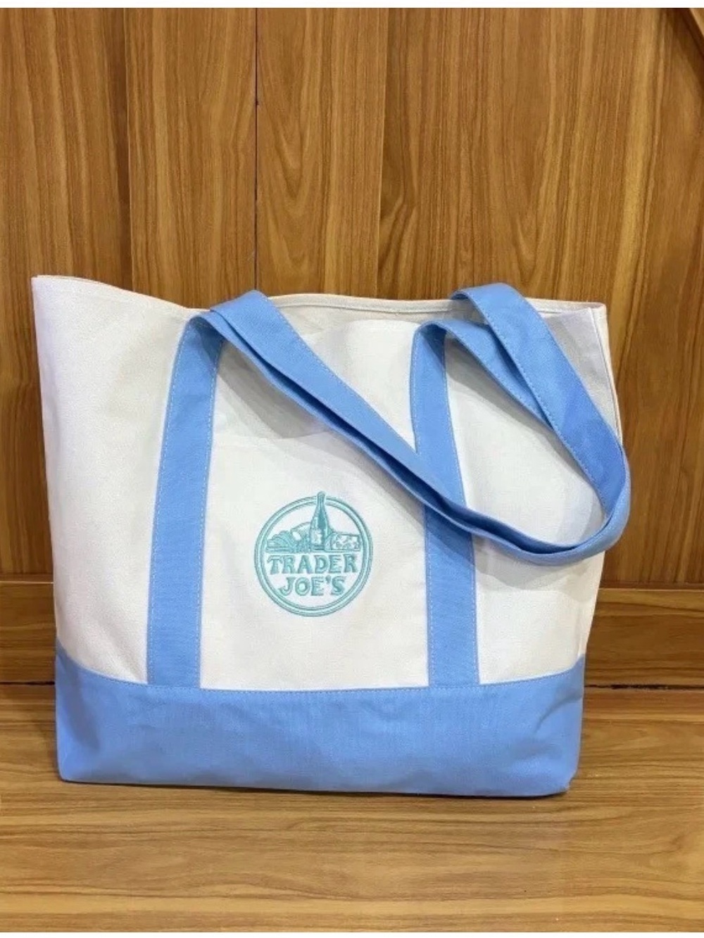 Trader Joe's White Canvas Tote with Light Blue Accents
